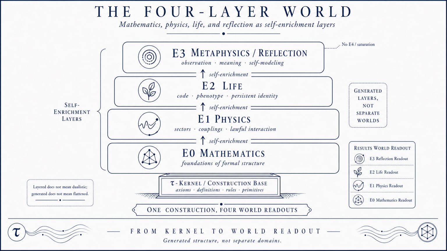 Scientific plate titled The Four-Layer World, showing E0 Mathematics, E1 Physics, E2 Life, and E3 Metaphysics / Reflection as self-enrichment layers rising from the τ-Kernel construction base.