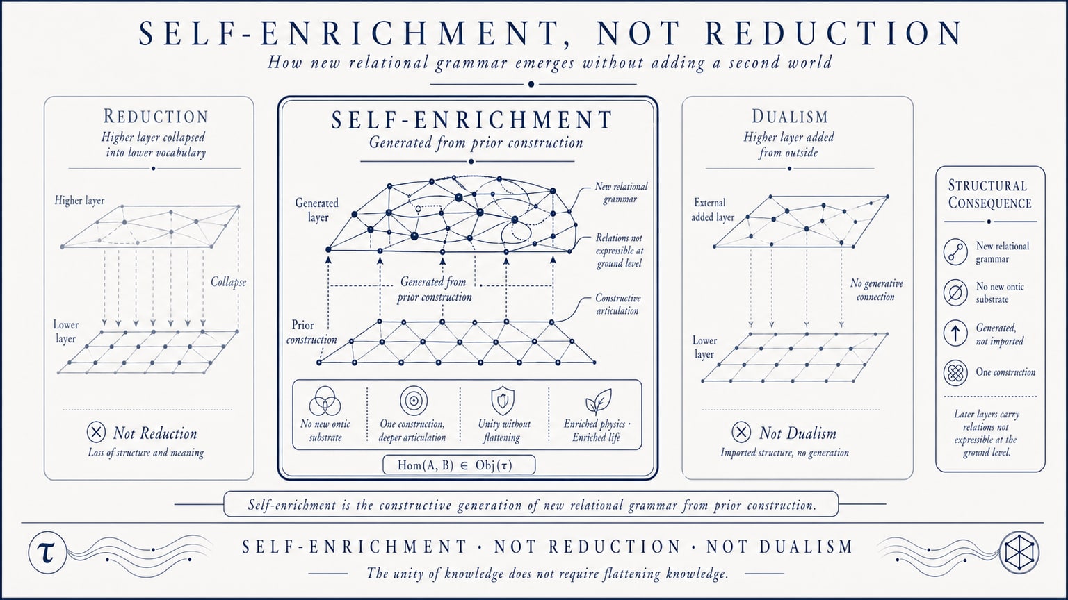 Scientific plate titled Self-Enrichment, Not Reduction, comparing reduction, self-enrichment, and dualism, with self-enrichment shown as a generated layer carrying new relational grammar without adding a second world.